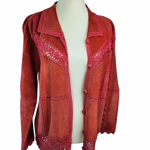 Vintage Suede Crochet Patchwork Jacket XL Boho Western Pink Coral Button Front - Picture 13 of 16